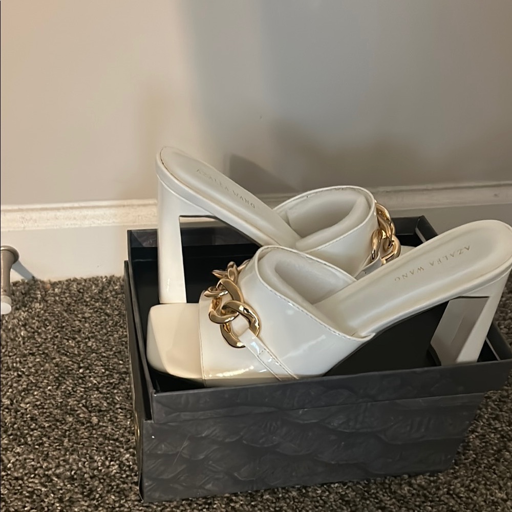 Amina Muaddi Gold Chain White Heels